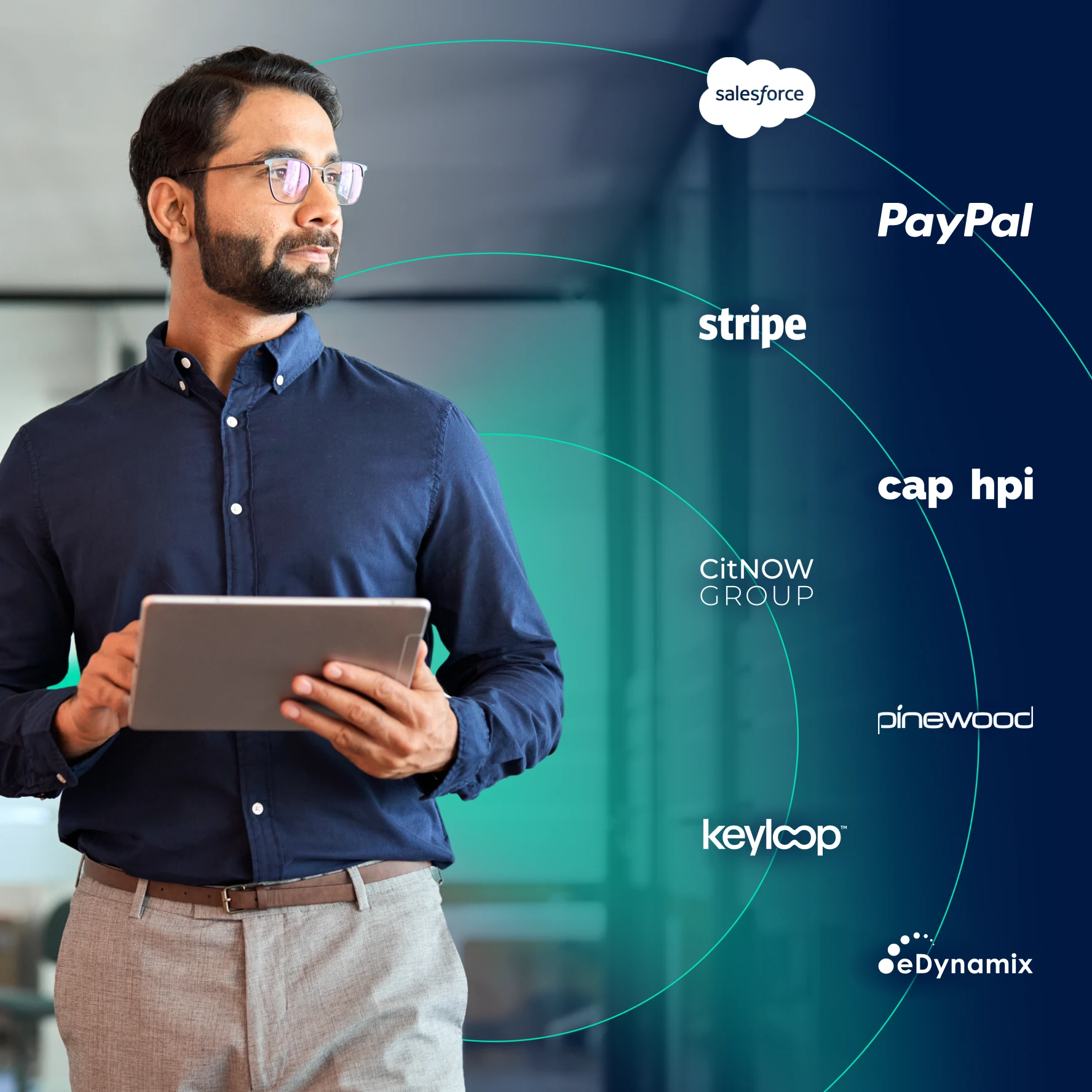 Man on a tablet in a car dealership surrounded by the logos of partners